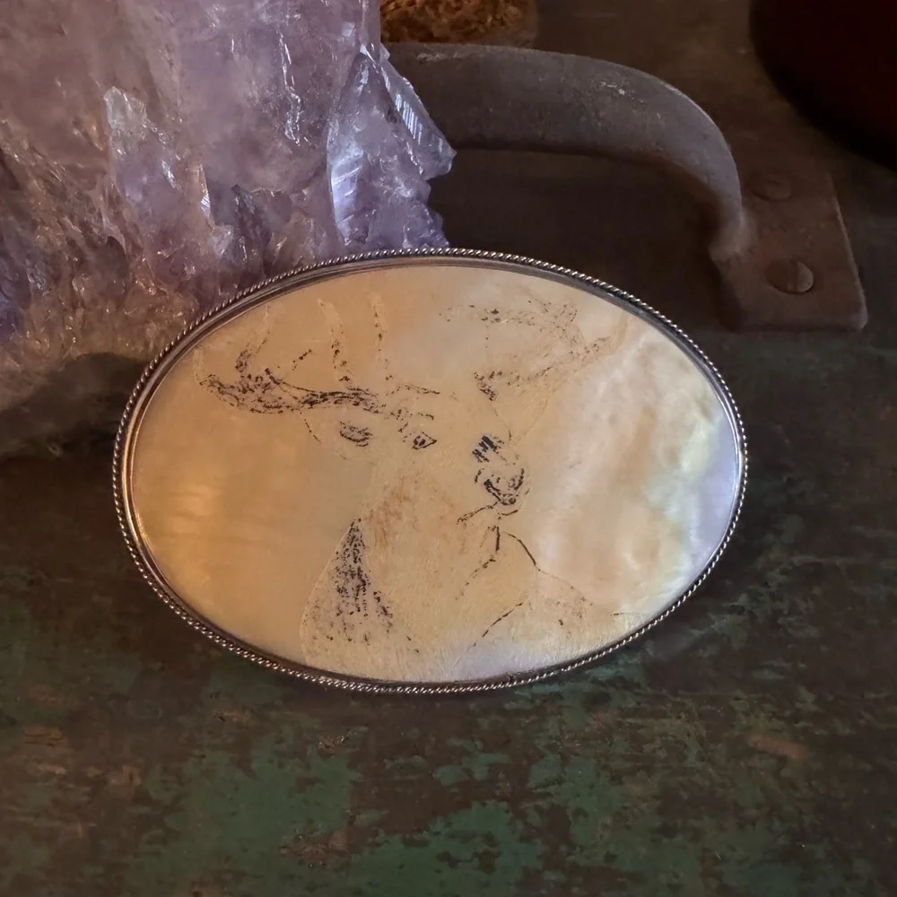 Vintage Elk Engraved Belt Buckle | Mother of Pearl Shell | Western Lodge - Picture 8 of 9